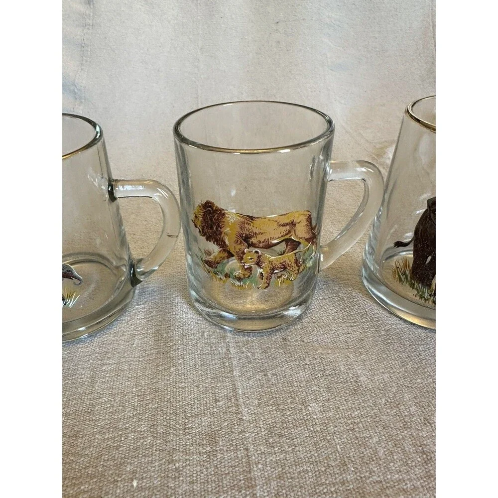 Beer Cocktail Mug Stein Glass Antelope, 2 Elephant and Lion, w/babies set of 4